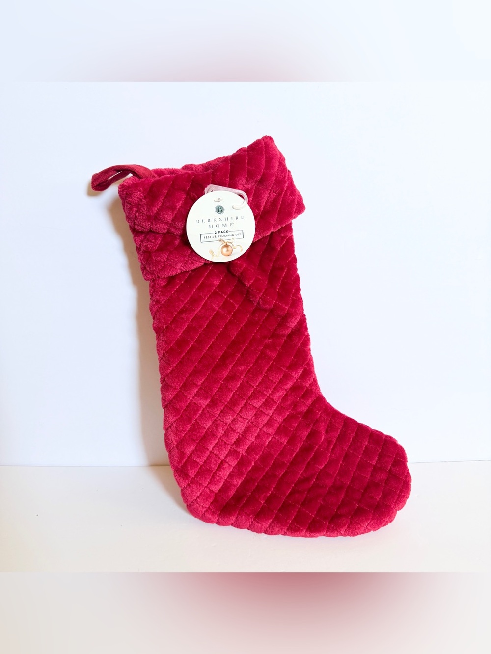 NWT Berkshire Home Red Quilted Velvet Christmas Stocking – 17.75”